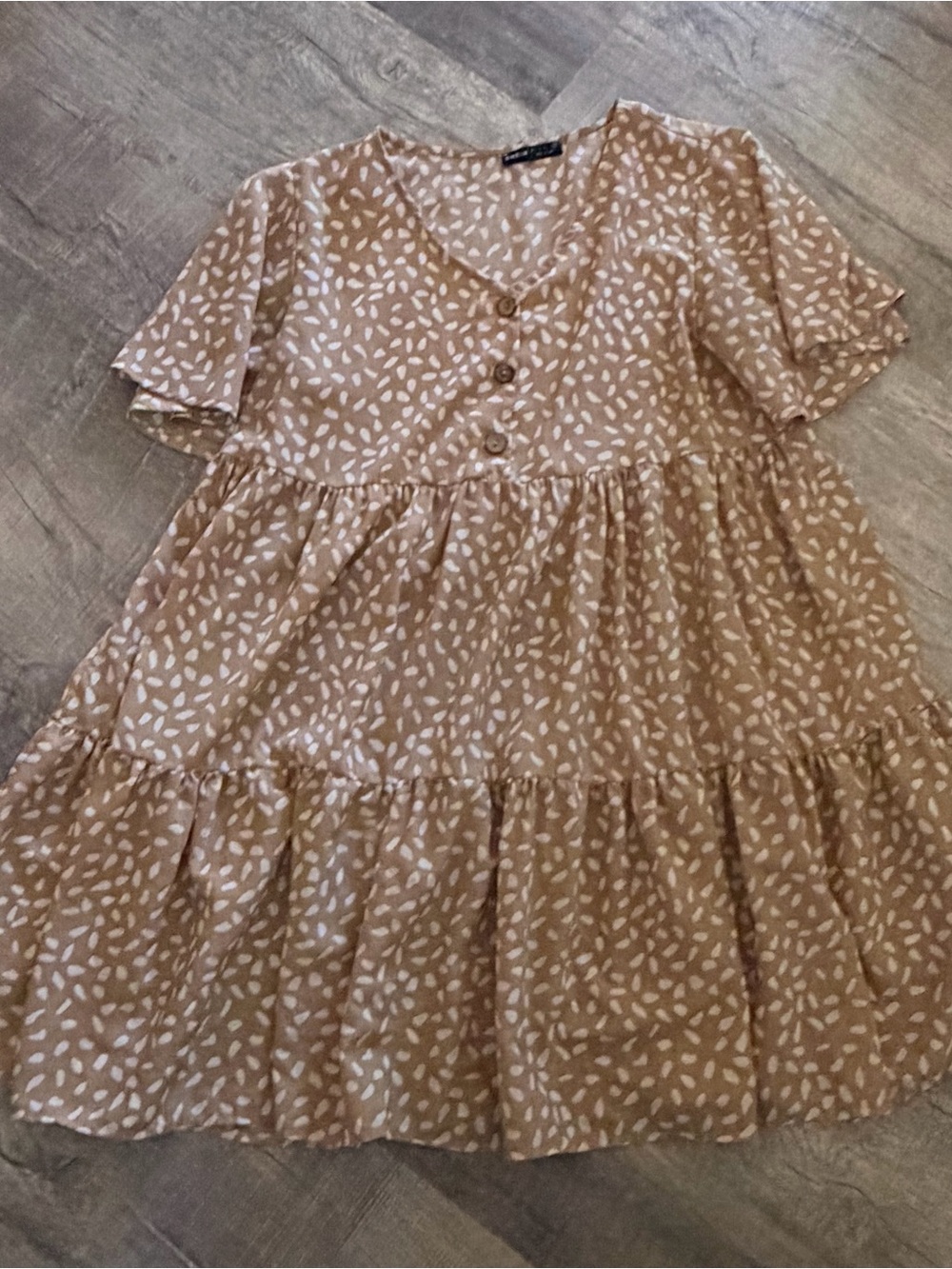 Tan Print Tiered Dress with Button Front